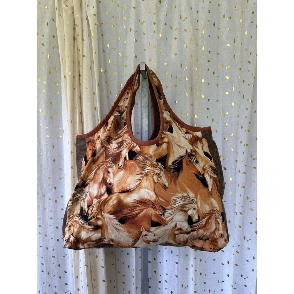 Unbranded Reversable Horses Stallion Tapestry Embroidered Mix Media Hobo Bag
